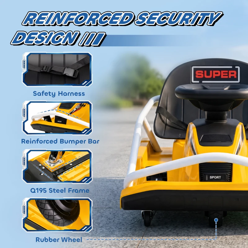 AIYAPLAY 24V Electric Go Kart for Kids with Drift Mode, 300W Brushless Motor, Soft Start and Dual Speed for Ages 6-10, Yellow