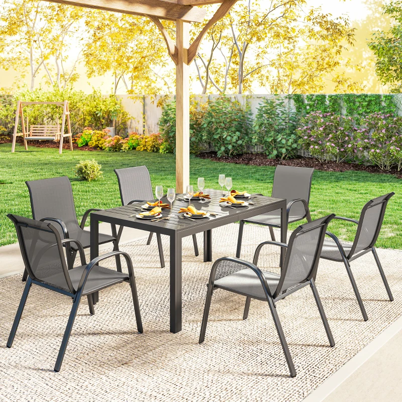 Outsunny Set da Esterno 7pz in Acciaio con Tavolo Rettangolare e 6 Sedie Impilabili in Texteline, Grigio Chiaro