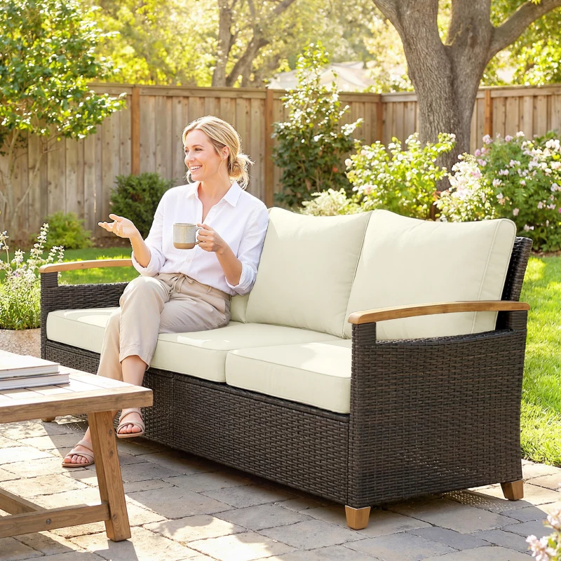 Outsunny Divanetto da Esterno a 3 Posti in Rattan PE, con Braccioli Effetto Legno, Cuscini Lavabili, Marrone e Crema