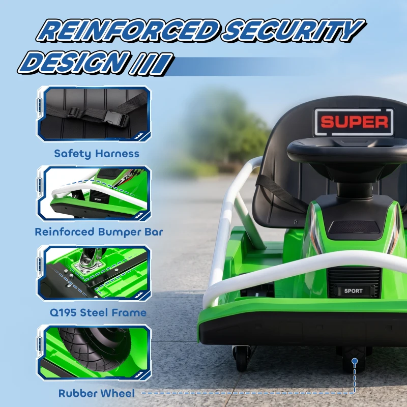 AIYAPLAY 24V Electric Go Kart for Kids with Drift Mode, 300W Brushless Motor, Soft Start and Dual Speed for Ages 6-10, Green