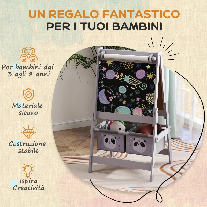 AIYAPLAY Lavagna per Bambini con Cavalletto 3 in 1 e 2 Contenitori, Età 3-8 anni, 54x46.5x93cm, Grigio