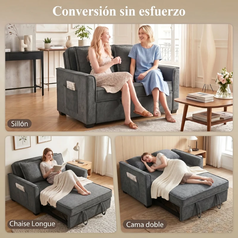 HOMCOM Sofá Cama 2 Plazas 3 en 1 con Respaldo Ajustable Bolsillos Laterales 2 Almohadas para Sala de Estar Gris Oscuro