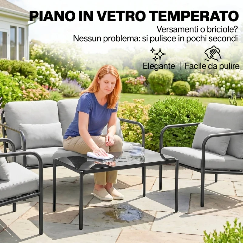 Outsunny Salotto da Giardino 4 Pezzi in Acciaio con Divano 2 Posti, 2 Poltrone e Tavolino, Grigio Chiaro