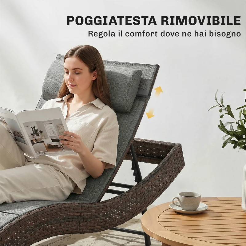Outsunny Lettino Prendisole da Giardino in Rattan Forma S con Cuscino a 5 Posizioni, 60x198x44cm, Marrone