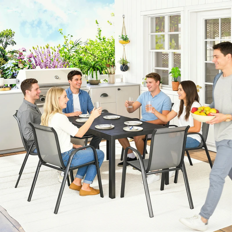 Outsunny Set da Esterno 7pz in Acciaio con Tavolo Rettangolare e 6 Sedie Impilabili in Texteline, Grigio Chiaro