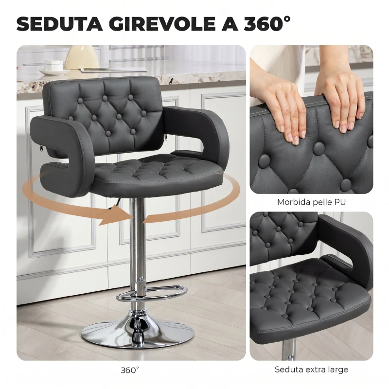 HOMCOM Sgabello da Bar Regolabile, Seduta Extra Large Girevole in Similpelle PU, Grigio