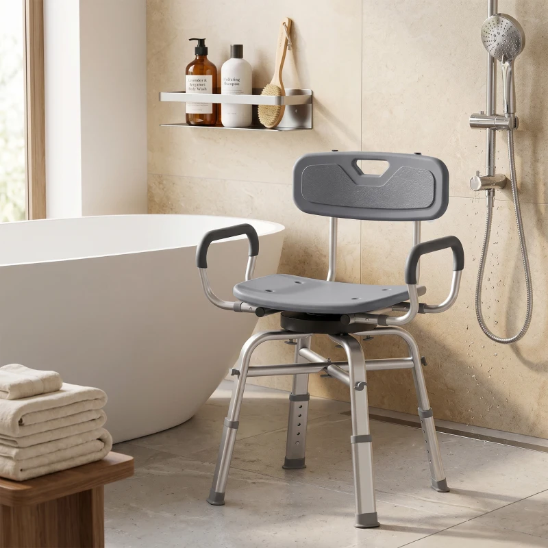 HOMCOM Sedia per Doccia Girevole ad Altezza Regolabile con Braccioli, Schienale, Capacità 150 kg, Grigio