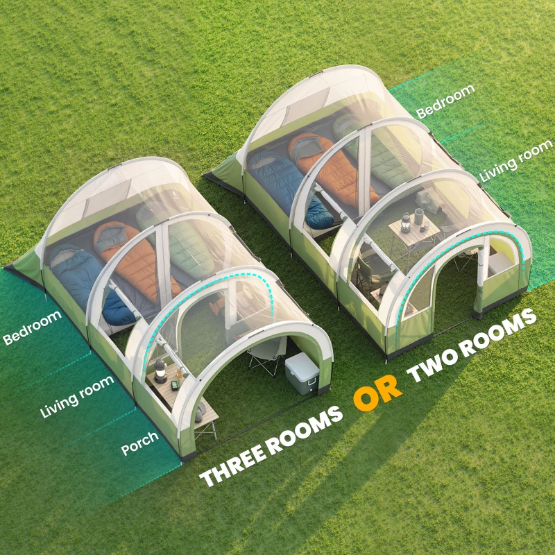 Outsunny Three Man Duo Room Tunnel Tent, with Accessories - Cream/Green