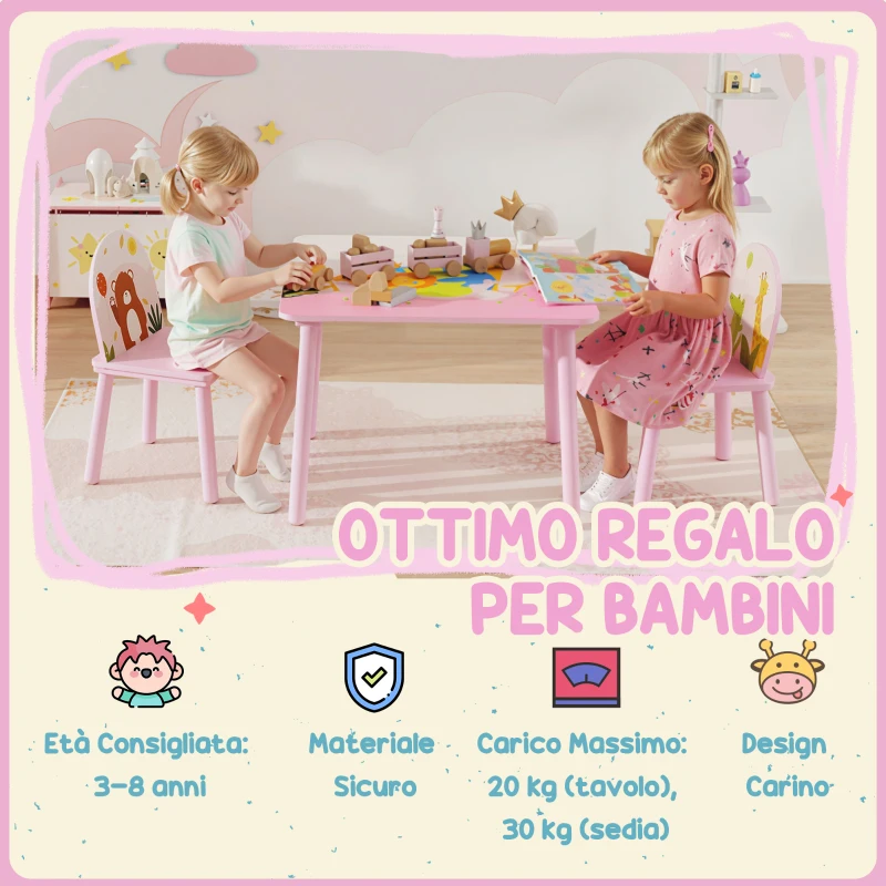 AIYAPLAY Set Tavolo e Sedie per Bambini 3-8 Anni con Motivi Animali e Bordi Arrotondati, in MDF e Legno di Pino Rosa