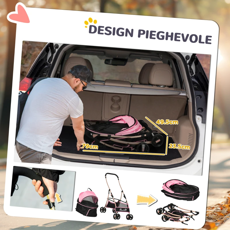 PawHut Passeggino per Cani 2 in 1 Pieghevole e Convertibile in Trasportino con 2 Guinzagli e Cuscino, Rosa
