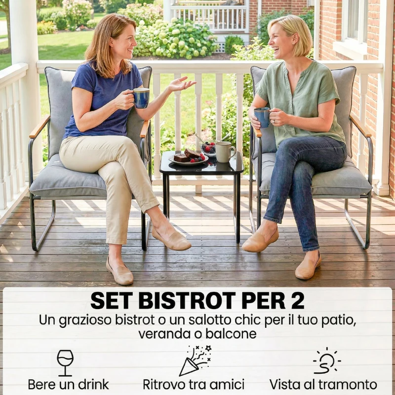Outsunny Set Bistrò 3 Pezzi, Mobili Esterno Metallo con Cuscini, Grigio Scuro
