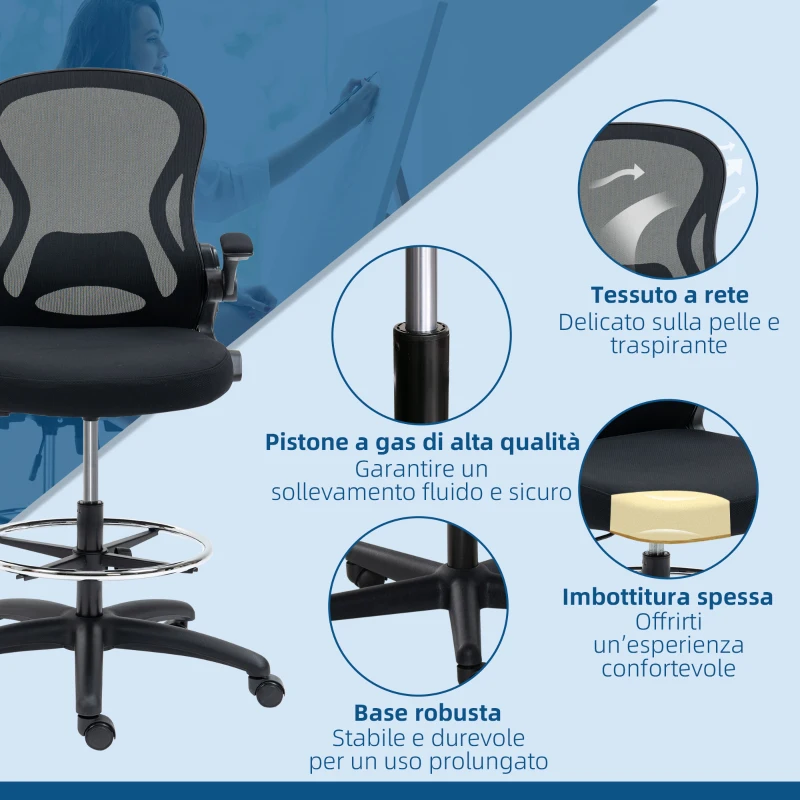 Vinsetto Sedia da Ufficio con Supporto Lombare, Altezza Regolabile e Braccioli Ribaltabili, 59x65x102-122 cm, Nero