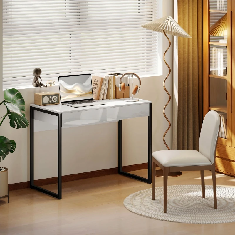 HOMCOM Schreibtisch 100 x 50 cm Computertisch Bürotisch mit 2 Schubladen, für kleine Räume, Weiß