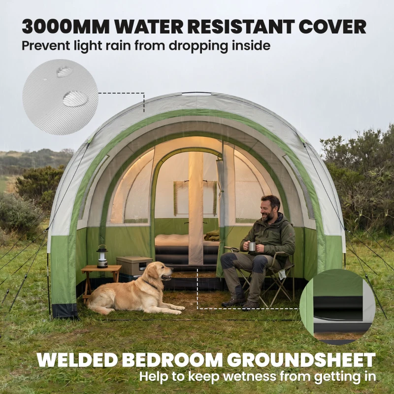 Outsunny Three Man Duo Room Tunnel Tent, with Accessories - Cream/Green