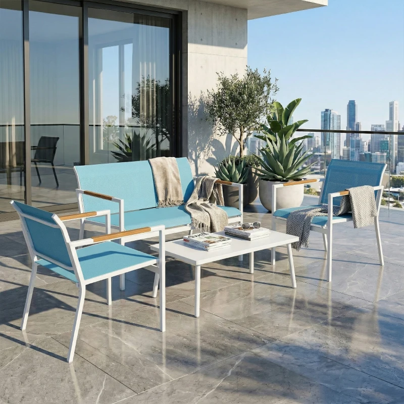 Outsunny Set Giardino 4 Posti Divano, Poltrone, Tavolo in Metallo, Blu.