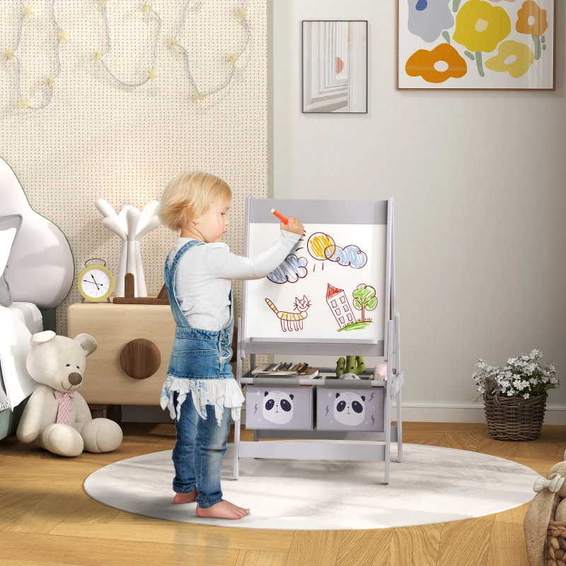 AIYAPLAY Lavagna per Bambini con Cavalletto 3 in 1 e 2 Contenitori, Età 3-8 anni, 54x46.5x93cm, Grigio