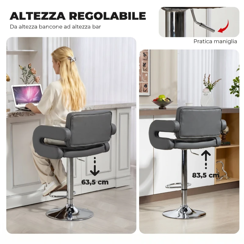 HOMCOM Sgabello da Bar Regolabile, Seduta Extra Large Girevole in Similpelle PU, Grigio