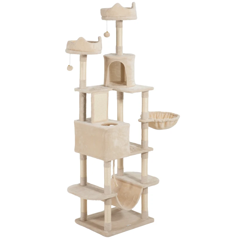 PawHut Hoher Kratzbaum 206 cm mit 4 Kratzstämmen, Höhlen, Körbchen, Hängematten, für 1-3 Kätzchen bis 6 kg, Beige