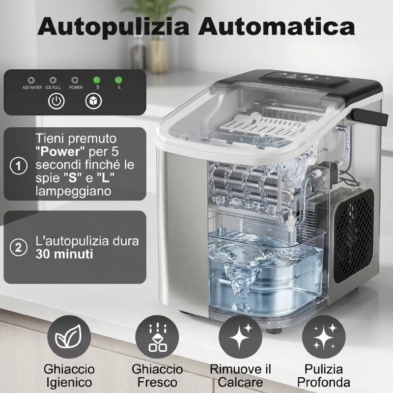 HOMCOM Macchina Ghiaccio 12kg in 24 Ore, 9 Cubetti in 7-10 Minuti di 2 Dimensioni, con Sistema Autopulente, Argento