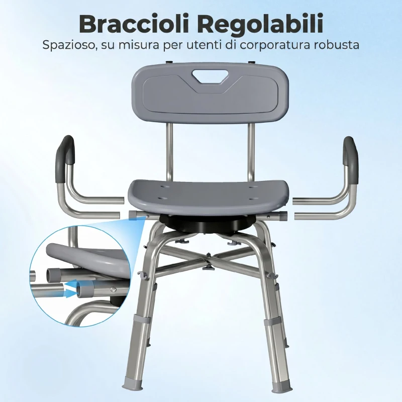 HOMCOM Sedia per Doccia Girevole ad Altezza Regolabile con Braccioli, Schienale, Capacità 150 kg, Grigio