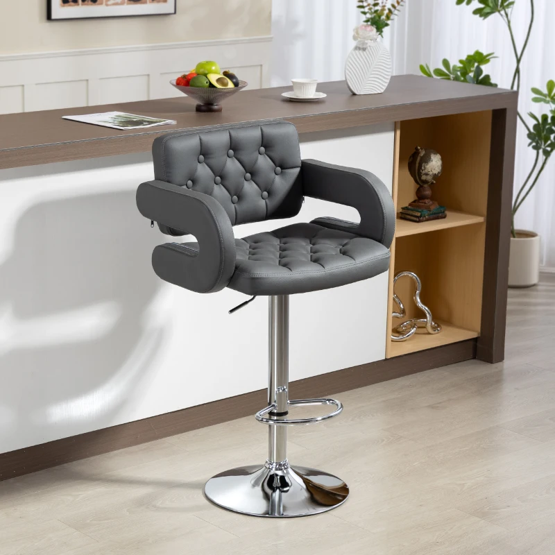 HOMCOM Sgabello da Bar Regolabile, Seduta Extra Large Girevole in Similpelle PU, Grigio