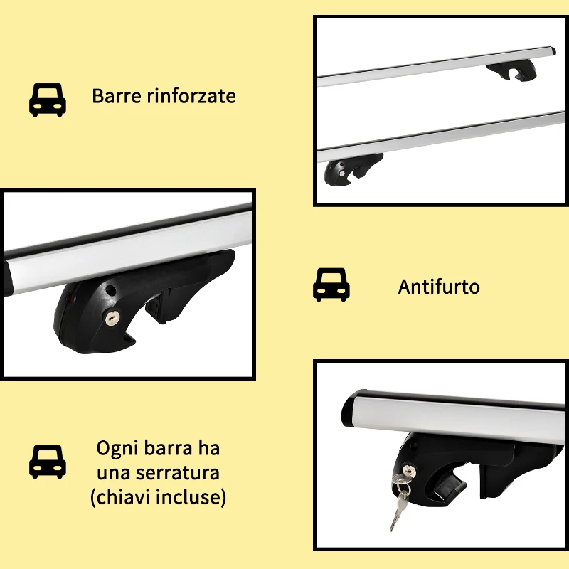 HOMCOM Barre Portatutto per Auto da 75 kg con Blocco e Chiavi di Sicurezza, in Alluminio e ABS, 135.3x5.7x7 cm, Argento