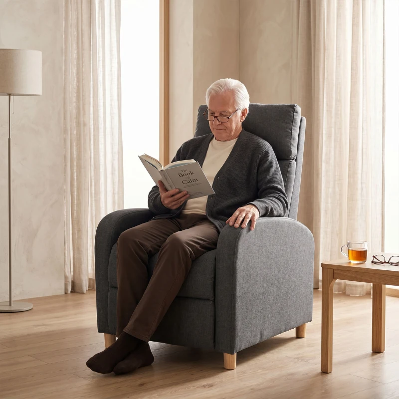HOMCOM Sillón Relax Reclinable Manual 135° con Reposapiés en Tejido Efecto Lino Patas de Madera Gris Oscuro
