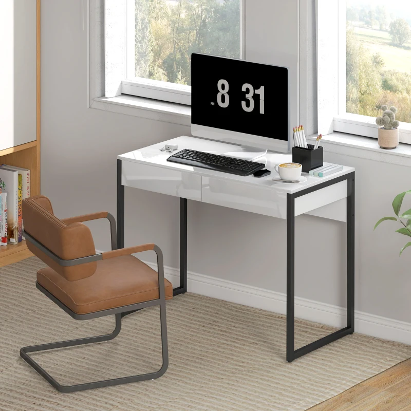 HOMCOM Escritorio 100x50 cm Mesa de Ordenador con 2 Cajones para Espacios Pequeños Negro