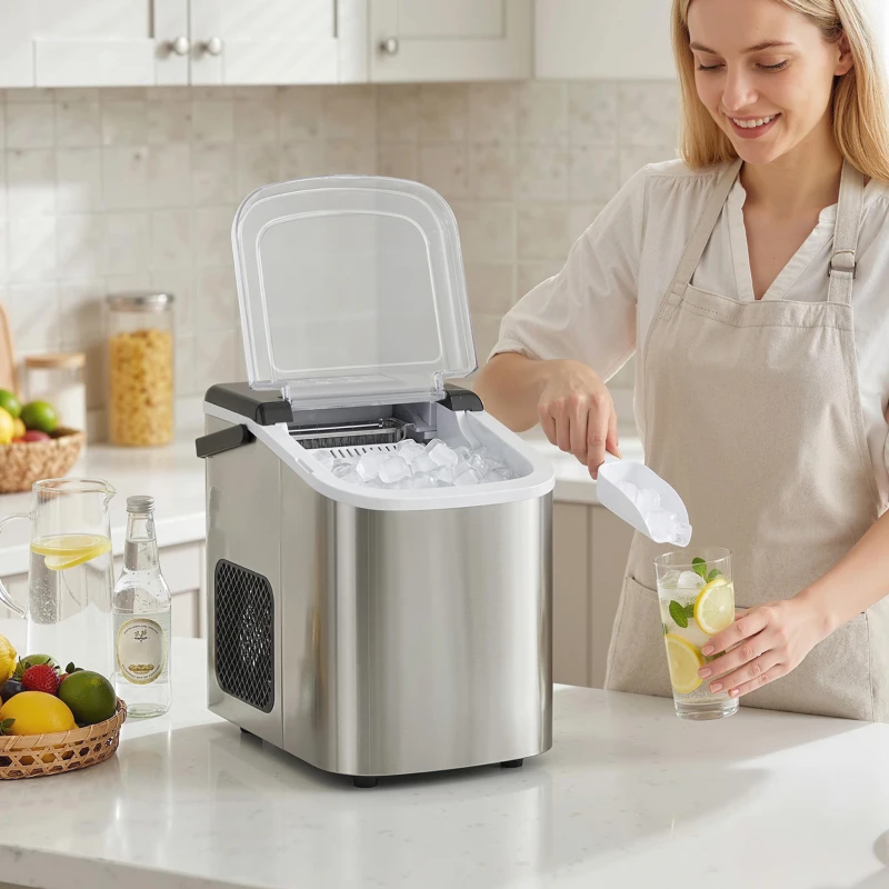 HOMCOM Macchina Ghiaccio 12kg in 24 Ore, 9 Cubetti in 7-10 Minuti di 2 Dimensioni, con Sistema Autopulente, Argento