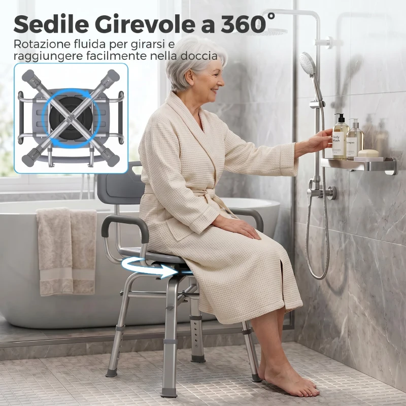 HOMCOM Sedia per Doccia Girevole ad Altezza Regolabile con Braccioli, Schienale, Capacità 150 kg, Grigio