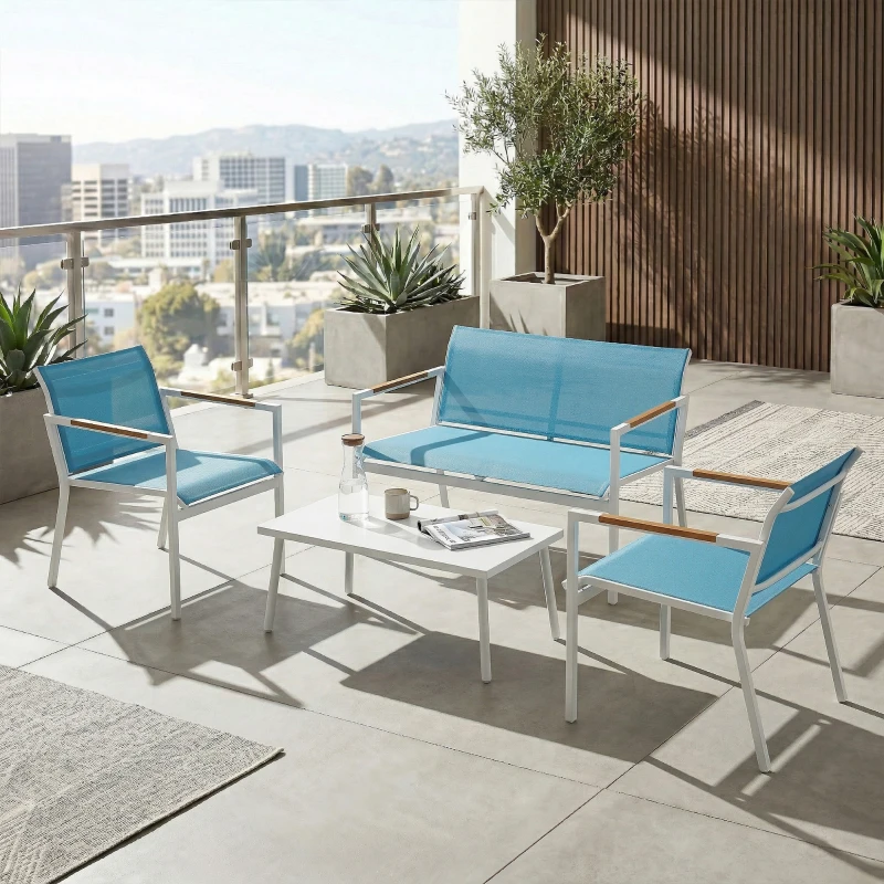Outsunny Set Giardino 4 Posti Divano, Poltrone, Tavolo in Metallo, Blu.