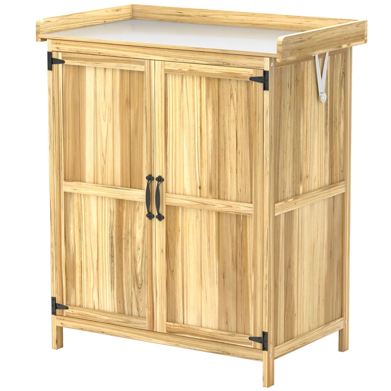 Outsunny Armadietto da Esterno, Capanno Porta Attrezzi con Mensola, in Legno con 2 Ante per Giardino, Patio, Color Legno