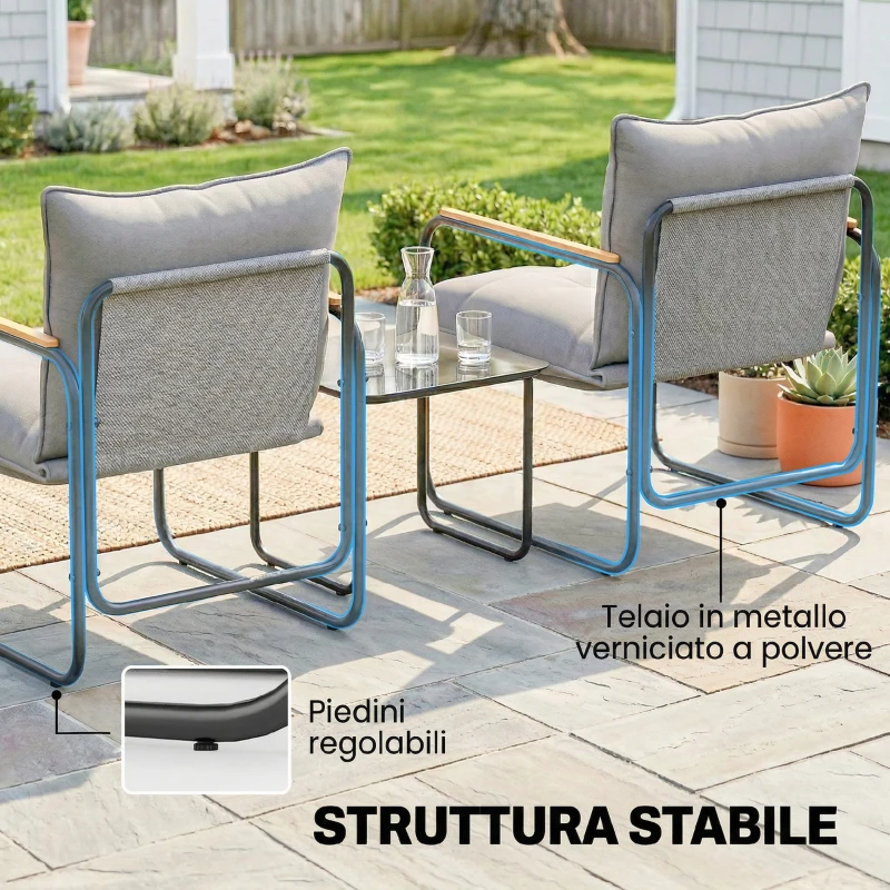 Outsunny Set Bistrò 3 Pezzi, Mobili Esterno Metallo con Cuscini, Grigio Scuro