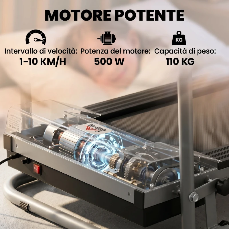 HOMCOM Tapis Roulant Elettrico Pieghevole, Tapis Roulant Elettrico Portatile 1.25HP con Schermo LCD, Velocità 1-10 km/h, Ruote, Allenamento per Casa, Ufficio, Palestra, Nero e Grigio