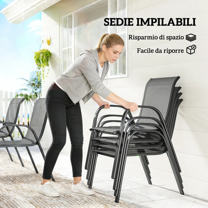 Outsunny Set da Esterno 7pz in Acciaio con Tavolo Rettangolare e 6 Sedie Impilabili in Texteline, Grigio Chiaro