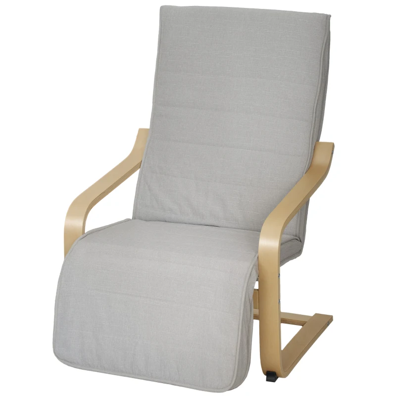 HOMCOM Poltrona Camera da Letto in Legno di Betulla e Tessuto Effetto Lino con Poggiapiedi Regolabile, Grigio Chiaro