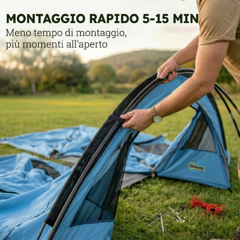 Outsunny Tenda Campeggio a Tunnel per 2-4 Persone Alta 200cm con 2 Stanze, Impermeabile 3000mm per Trekking, Azzurro