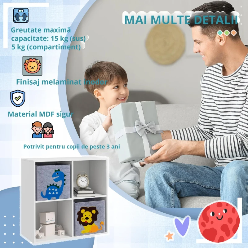 ZONEKIZ Raft de depozitare pentru copii, Cuburi, Sertare, MDF, Protecție împotriva răsturnării, Alb