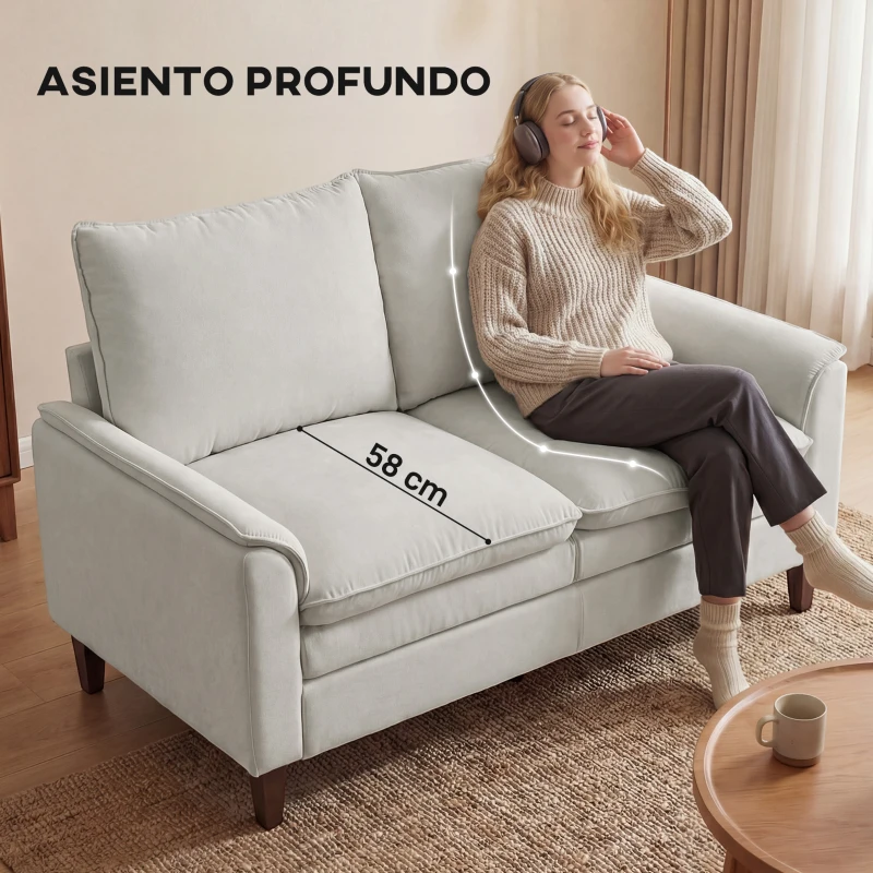 HOMCOM Sofá de 2 plazas 146 cm, sofá de chenilla con acolchado de doble capa, cojín con muelles, asiento profundo, respaldo alto, blanco crema