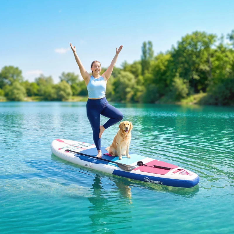 Outsunny Sup Gonfiabile con Pagaia Regolabile e Accessori, in Plastica ed EVA, 305x89x15 cm, Blu Rosso Rosa