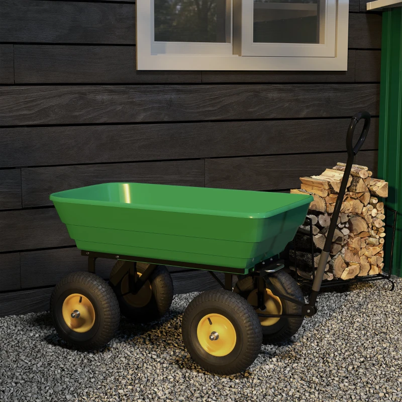 Outsunny Carro de Jardín Inclinable hasta 75° con Mango Ajustable y 4 Neumáticos Capacidad Max.75 L Acero 109x52x94 cm Verde