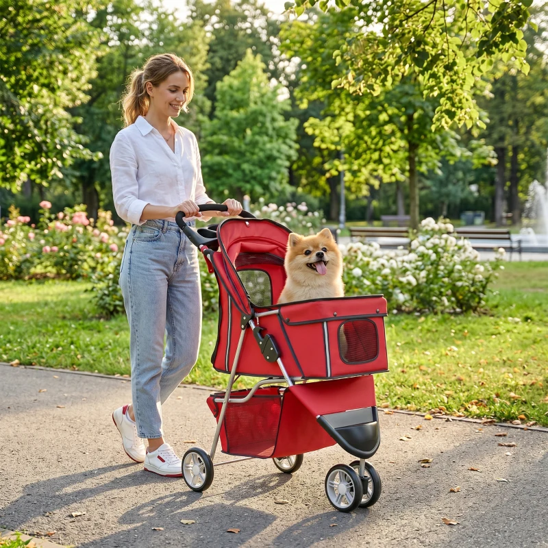 PawHut Hondenbuggy Inklapbaar met Opbergmand, Kussen, Mesh-Ramen en Bekerhouder voor Kleine Honden tot 10 kg Rood