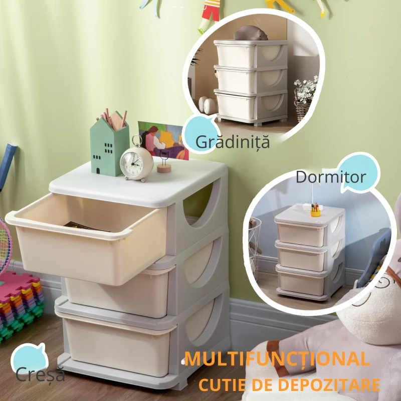 HOMCOM Cutii de depozitare pentru copii, 3 sertare mari, margini rotunjite, plastic, 37x37x56,5 cm, Crem