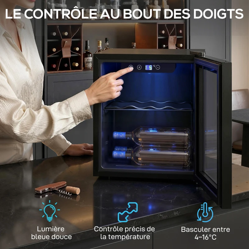 HOMCOM Cave à vin 12 bouteilles 36L, réfrigérateur à vin et boissons avec température réglable 4-16 °C, porte réversible, noir
