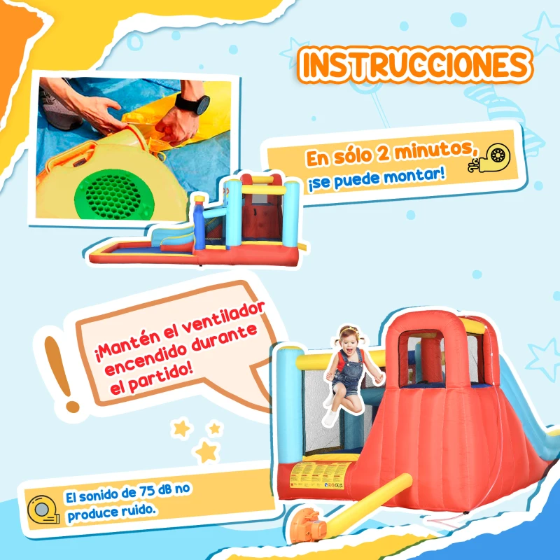 Outsunny Castillo Inflable de 3-8 Años con Soplador Tobogán Trampolín Piscina Bolsa de Transporte 435x245x200 cm Multicolor