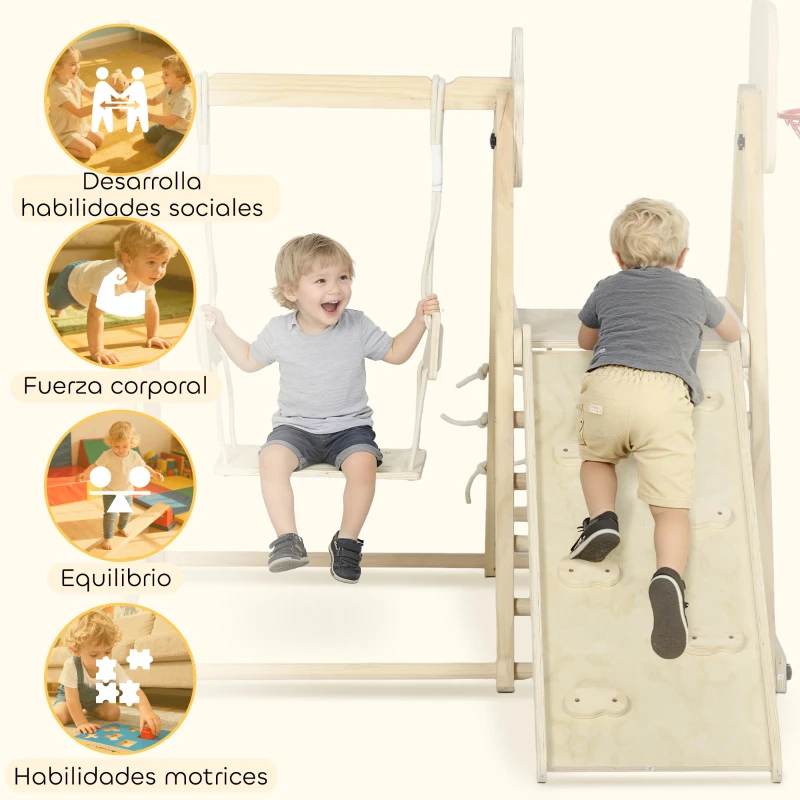 AIYAPLAY Tobogán Infantil 5 en 1 Estructura de Escalada con Tobogán Columpio Aro de Baloncesto Tabla Red de Escalada Natural