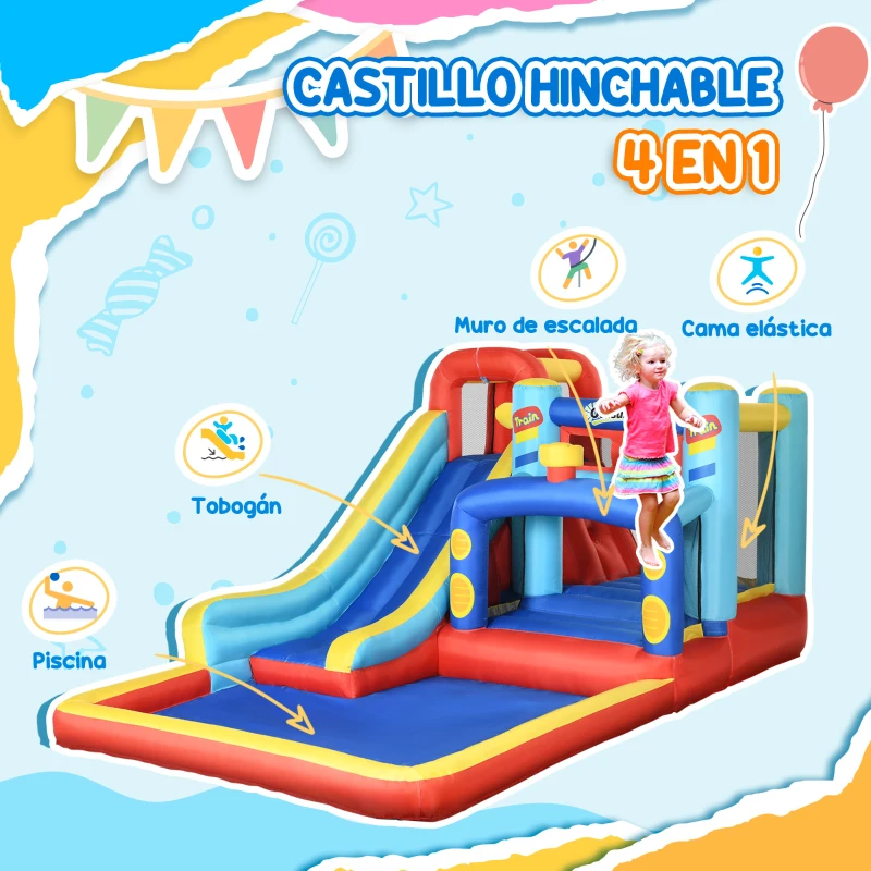 Outsunny Castillo Inflable de 3-8 Años con Soplador Tobogán Trampolín Piscina Bolsa de Transporte 435x245x200 cm Multicolor