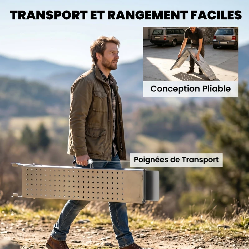 HOMCOM Lot de 2 Rampes de Chargement Pliantes avec Poignées et Surface Antidérapante, Charge Max. 400 kg, 180 x 25,5 cm, Argent