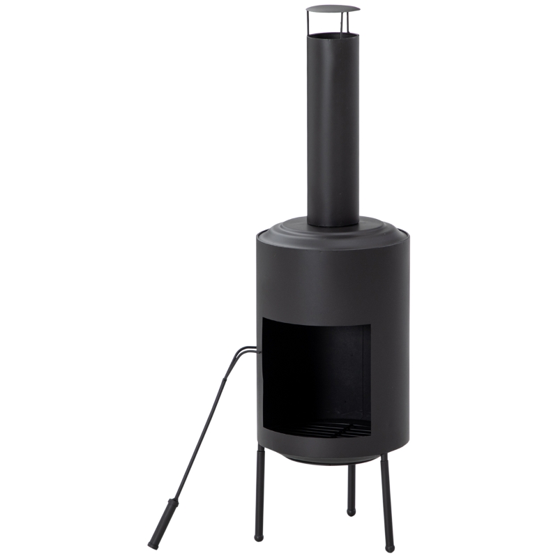 Outsunny Chimenea de Exterior de Metal Brasero con Atizador y Chimenea para Jardín Patio Terraza 30x30x105 cm Negro