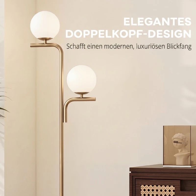 HOMCOM LED-vloerlamp, moderne lamp met 3 kleurtemperaturen, glazen kappen en voetschakelaar, goud